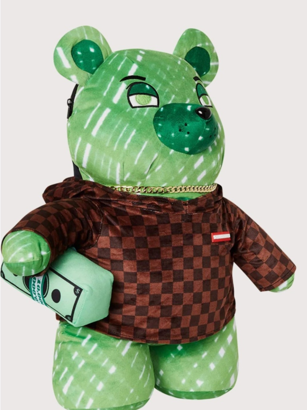 Sprayground Green Bear Plush Backpack with Brown Checkered Hoodie